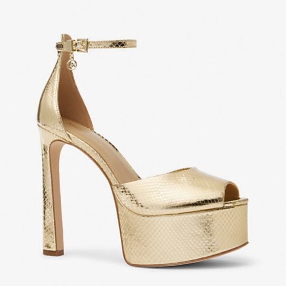 MICHAEL KORS Martina Metallic Snake Embossed Leather Peep-Toe Platform Pump NWOT - Picture 1 of 16